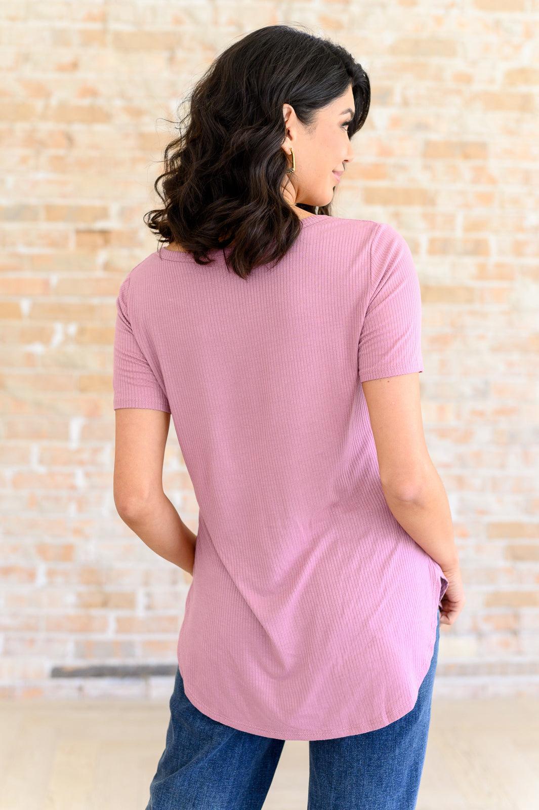 Women's Pink Ribbed V-Neck Top-Tops-Evelyns Fashion