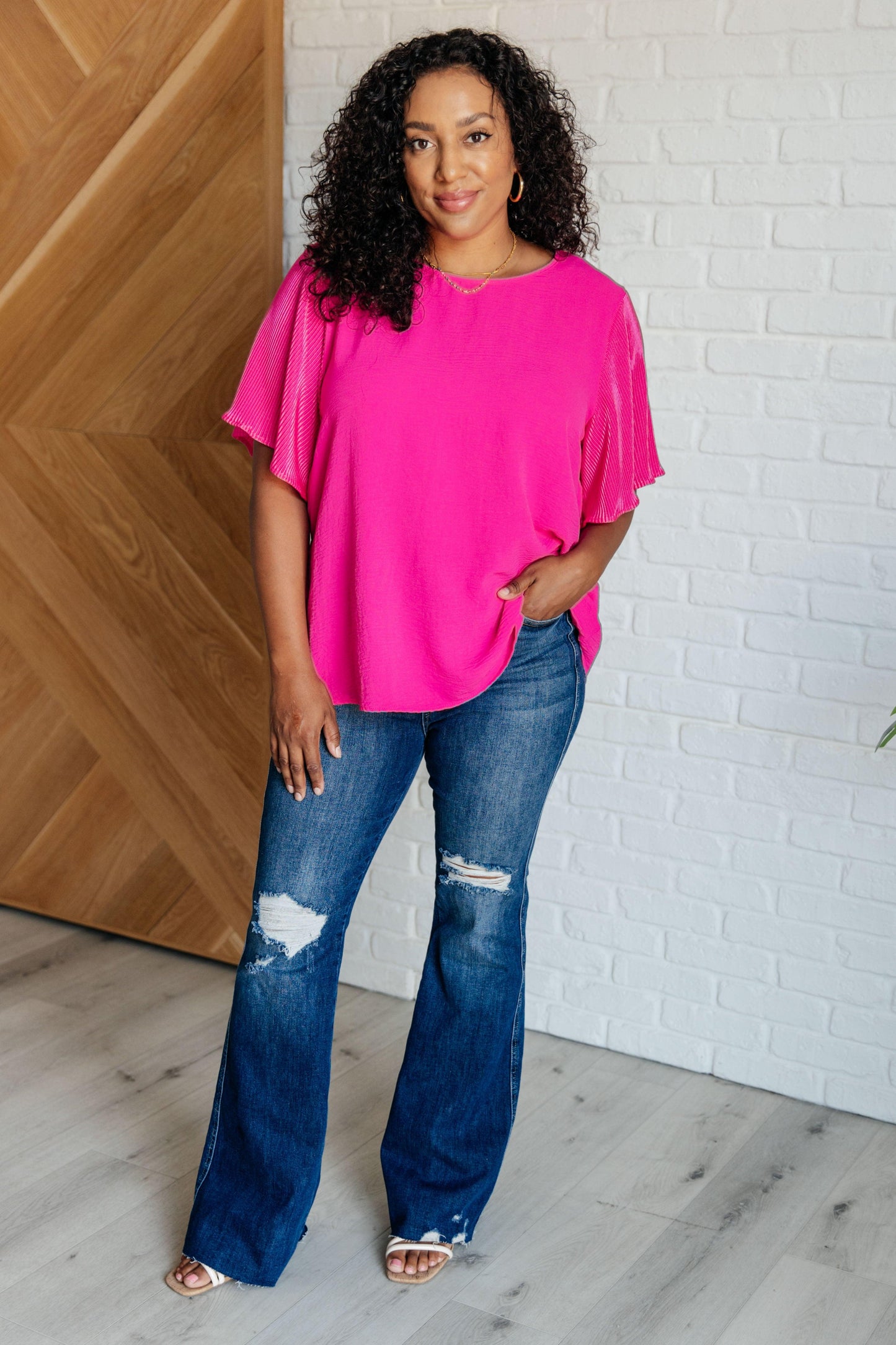 Women's Pink Ruffle Short Sleeve Blouse-Tops-Evelyns Fashion