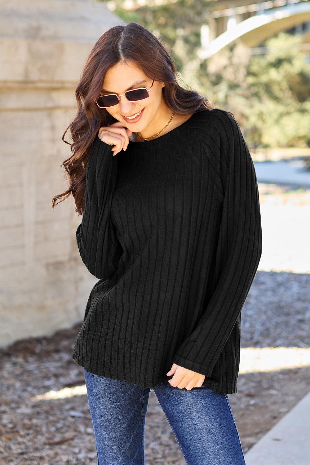 Women's Ribbed Knit Top-Sweaters-Evelyns Fashion