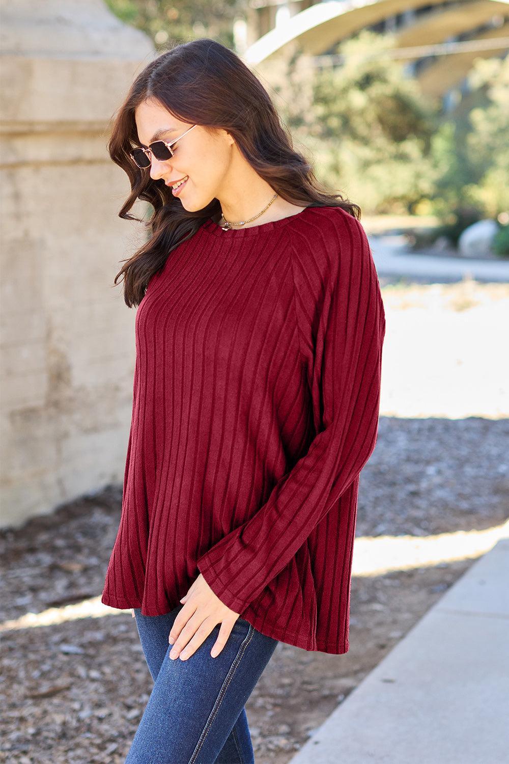 Women's Ribbed Knit Top-Sweaters-Evelyns Fashion