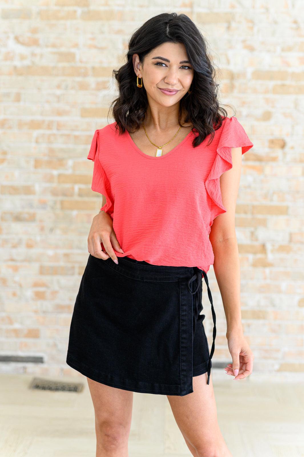 Women's V Neck Ruffle Sleeve Top-Tops-Evelyns Fashion