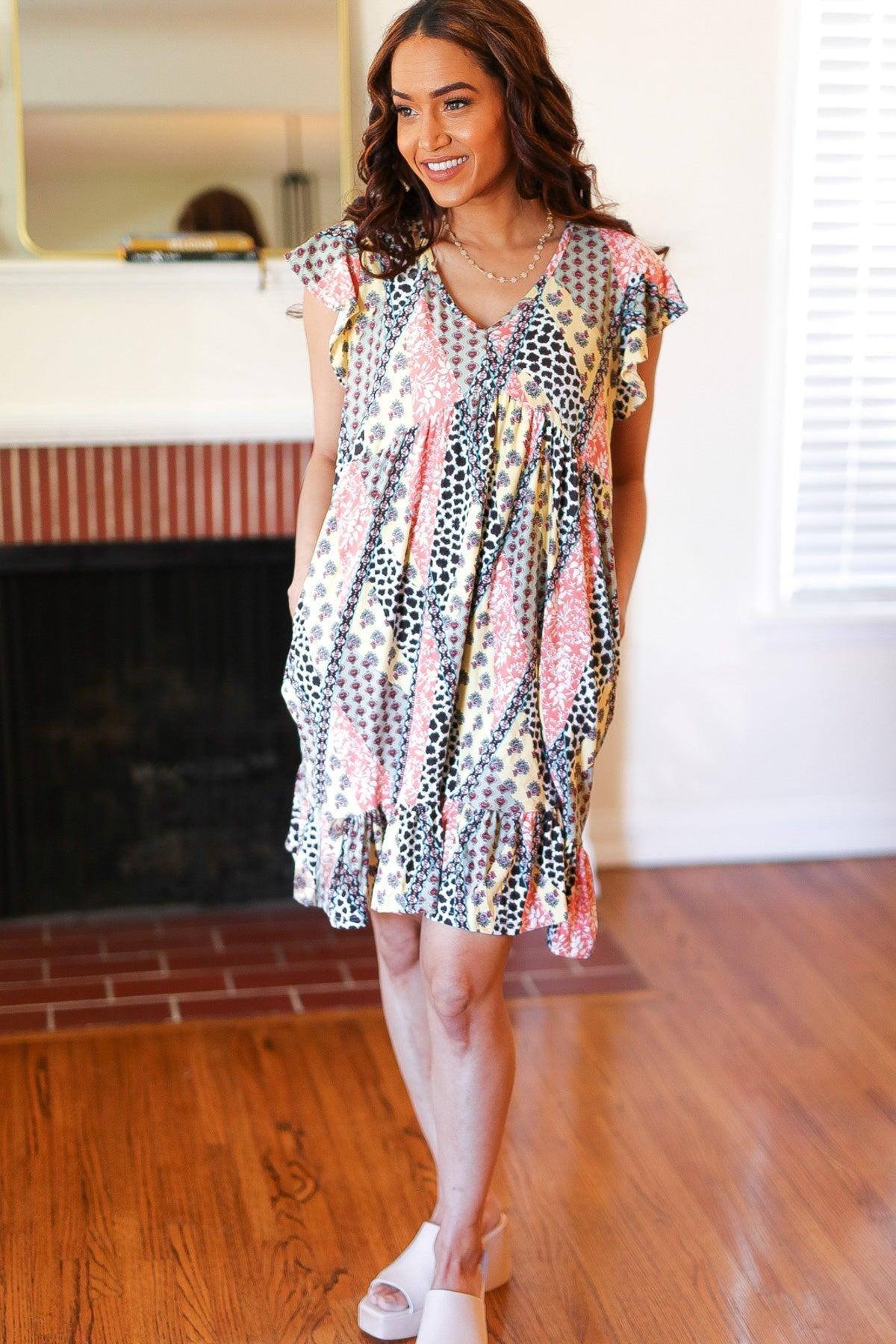 Women's Yellow and Coral Midi Dress-midi dress-Evelyns Fashion