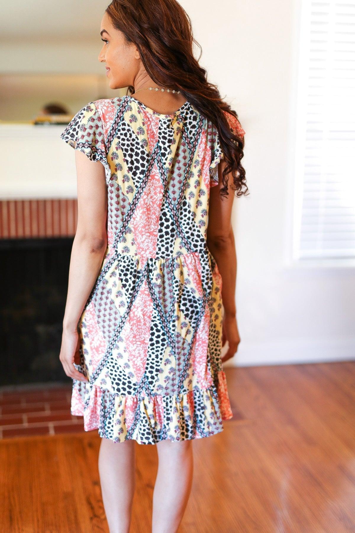 Women's Yellow and Coral Midi Dress-midi dress-Evelyns Fashion