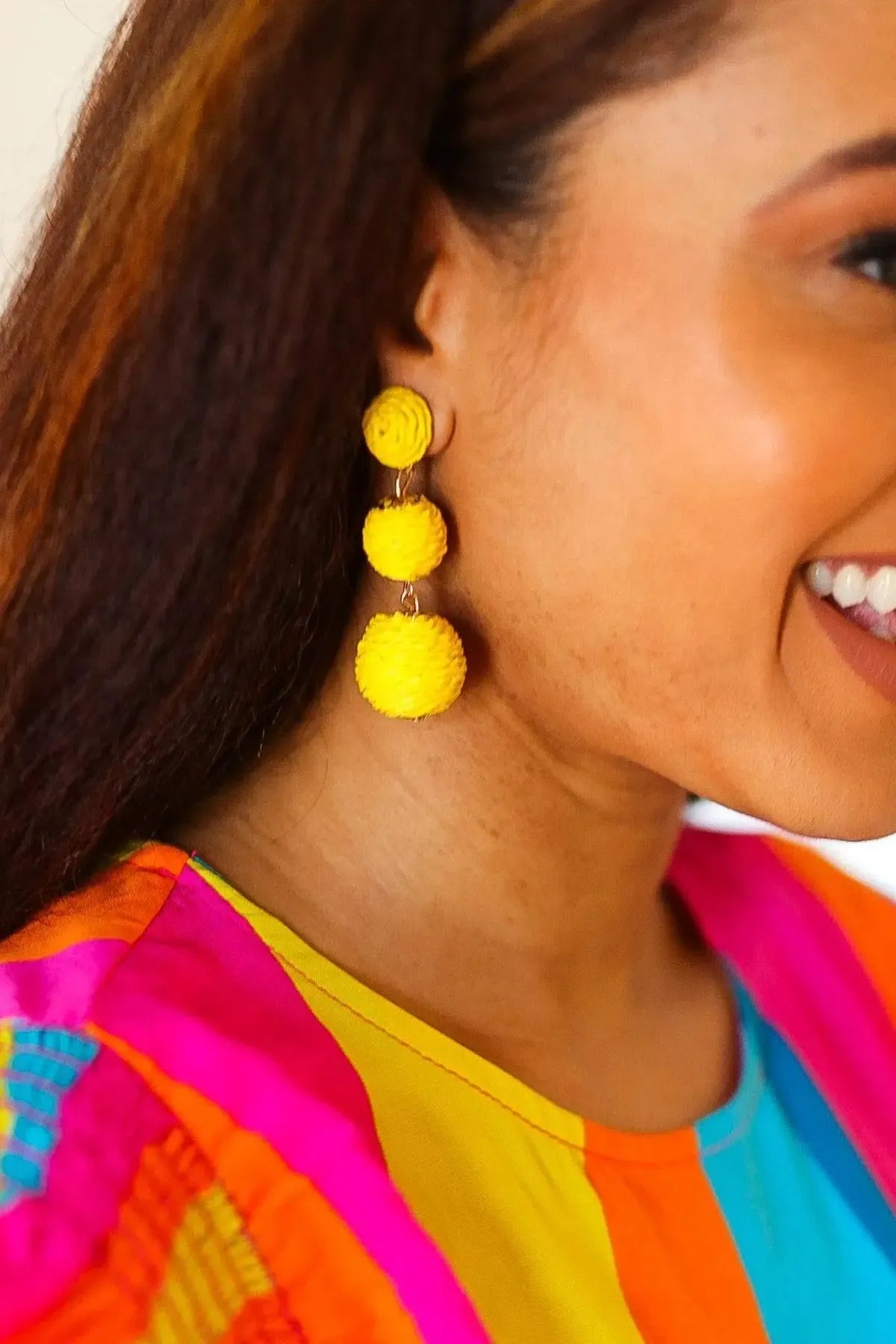 Yellow Raffia Lantern Pom Dangle Earrings-2024 Summer Blow Out Sale-Evelyns Fashion