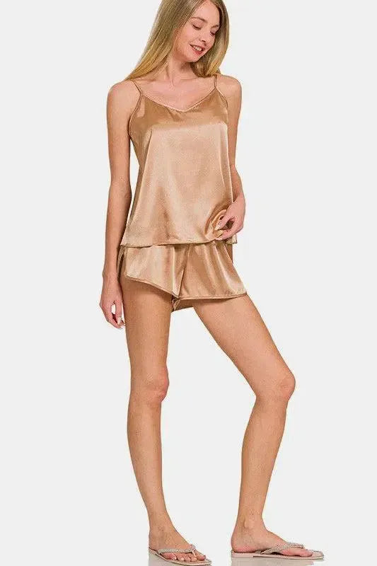 Zenana V-Neck Satin Cami & Lounge Shorts Set-Apparel & Accessories-Evelyns Fashion