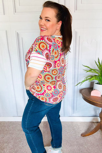 Always Fun Ivory & Fuchsia Stripe and Crochet Print Top-Evelyns Fashion