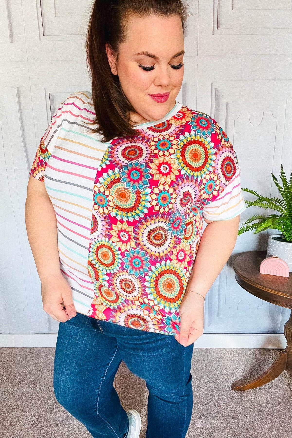 Always Fun Ivory & Fuchsia Stripe and Crochet Print Top-Evelyns Fashion