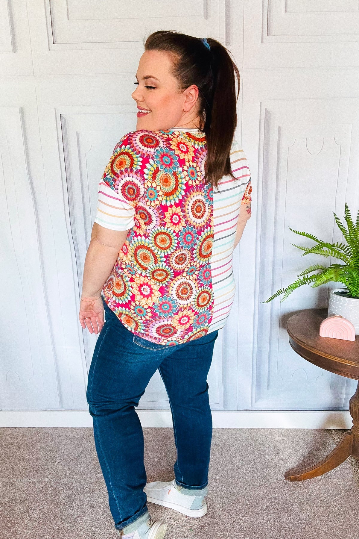 Always Fun Ivory & Fuchsia Stripe and Crochet Print Top-Evelyns Fashion