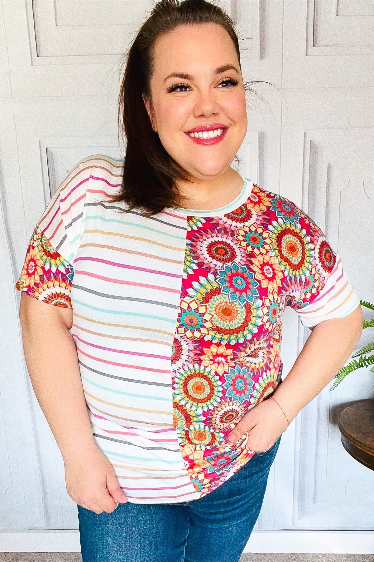 Always Fun Ivory & Fuchsia Stripe and Crochet Print Top-Evelyns Fashion