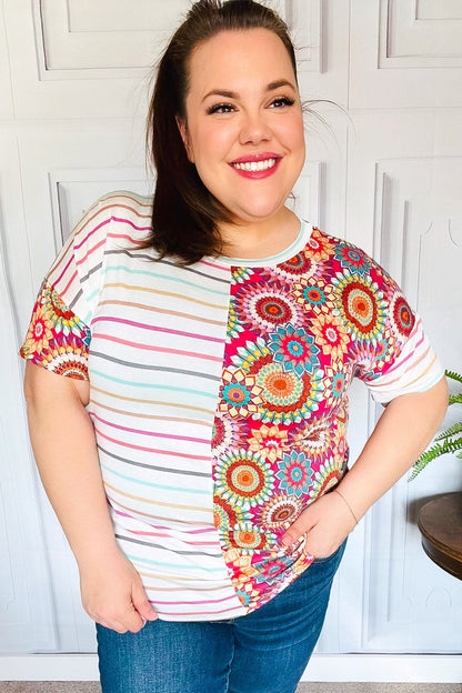 Always Fun Ivory & Fuchsia Stripe and Crochet Print Top-Evelyns Fashion