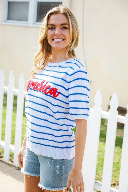America Proud Blue Striped Embroidered Puff Sleeve Top-T-Shirts-Evelyns Fashion