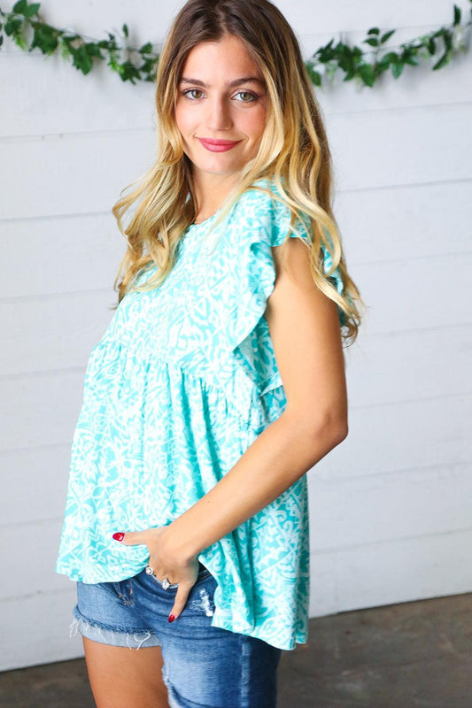 Aqua Boho Print Ruffle Short Sleeve Babydoll Top-Evelyns Fashion
