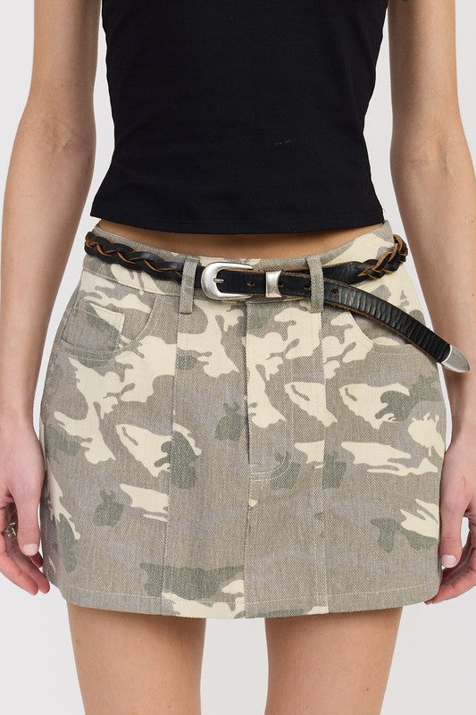 BELTED MINI CAMO SKIRT-Mini Skirts-Evelyns Fashion