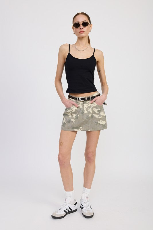 BELTED MINI CAMO SKIRT-Mini Skirts-Evelyns Fashion