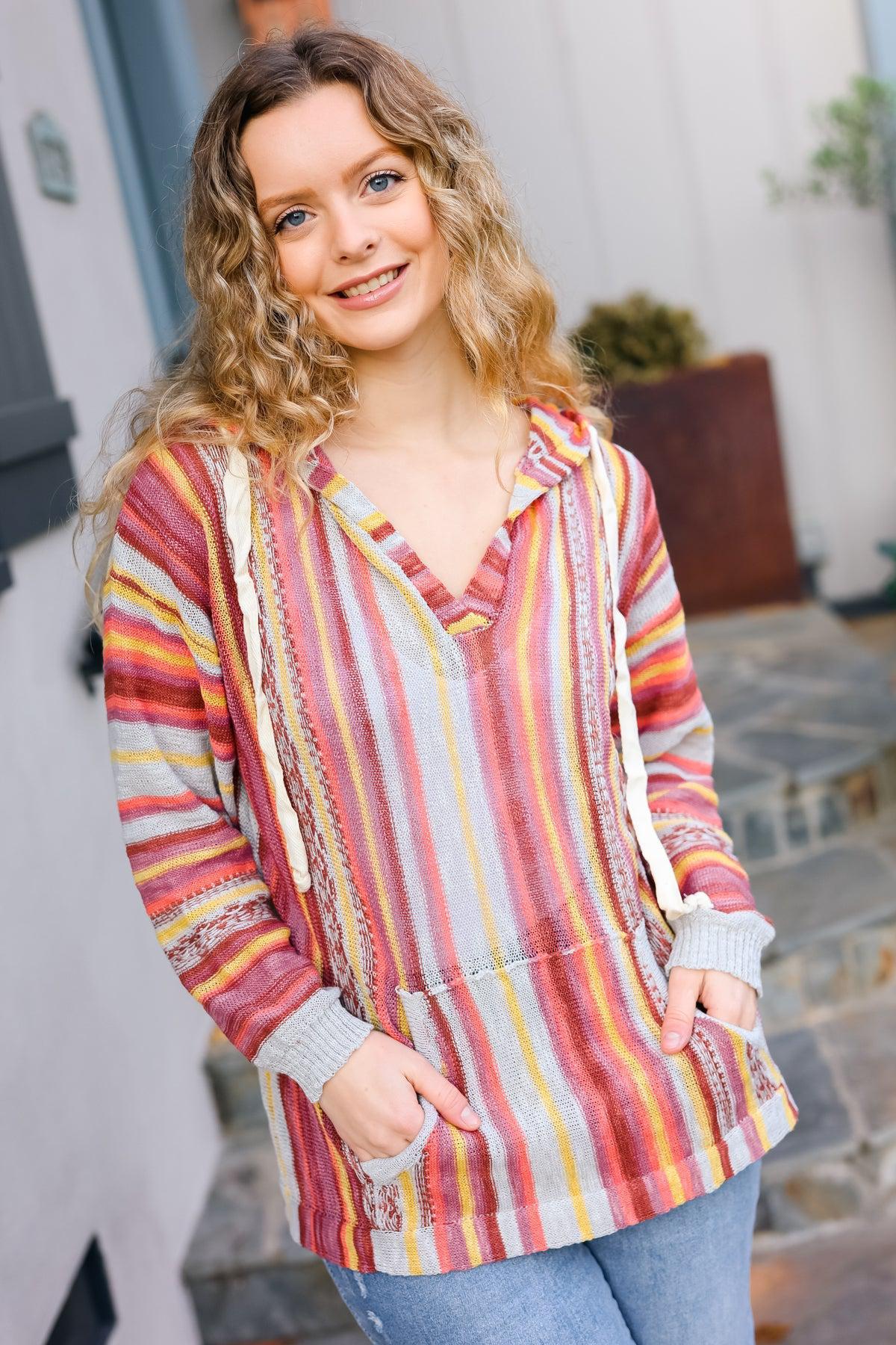Be Bold Coral & Sienna Stripe Pullover Notched Neck Hoodie-Evelyns Fashion