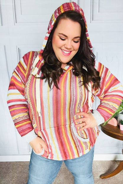 Be Bold Coral & Sienna Stripe Pullover Notched Neck Hoodie-Evelyns Fashion