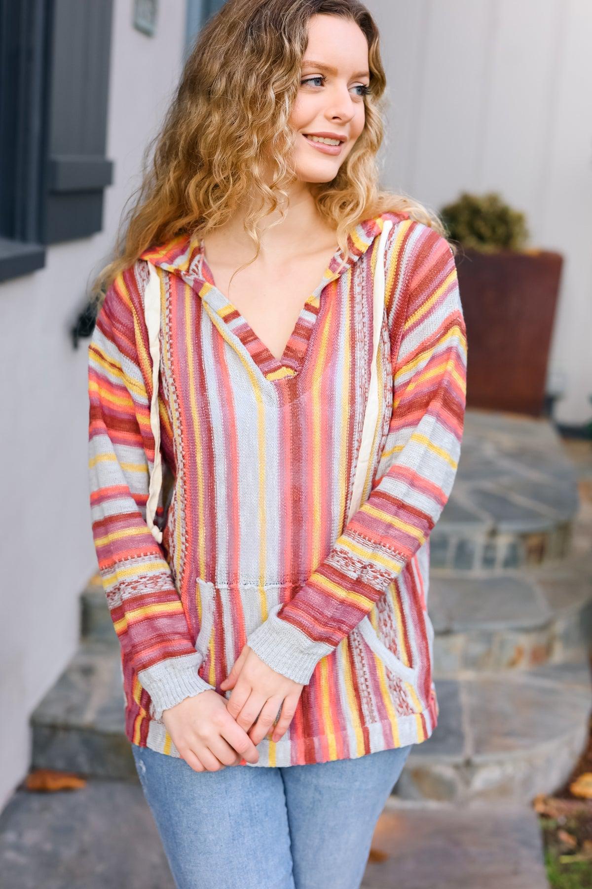 Be Bold Coral & Sienna Stripe Pullover Notched Neck Hoodie-Evelyns Fashion
