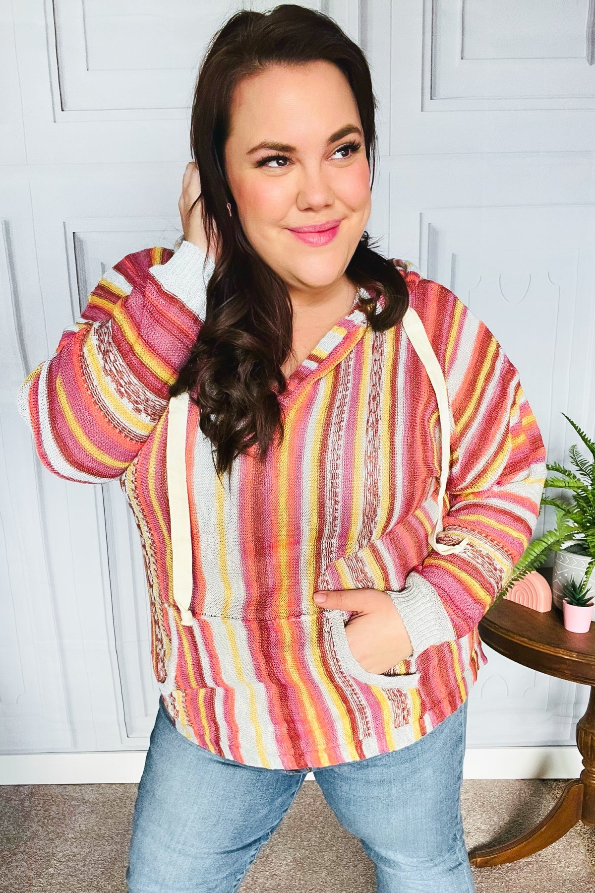 Be Bold Coral & Sienna Stripe Pullover Notched Neck Hoodie-Evelyns Fashion