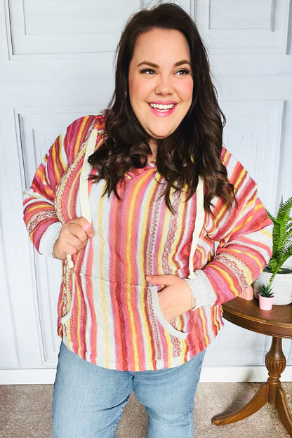 Be Bold Coral & Sienna Stripe Pullover Notched Neck Hoodie-Evelyns Fashion
