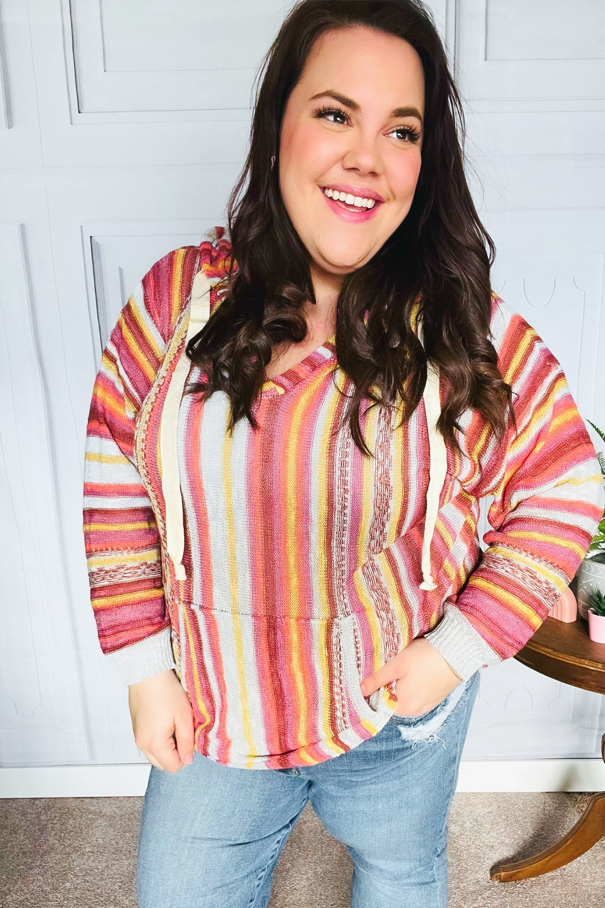 Be Bold Coral & Sienna Stripe Pullover Notched Neck Hoodie-Evelyns Fashion