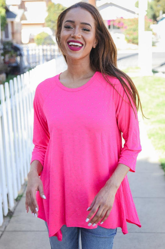 Be Bold Hot Pink Glitter Stud Scarf Hem Top-Evelyns Fashion