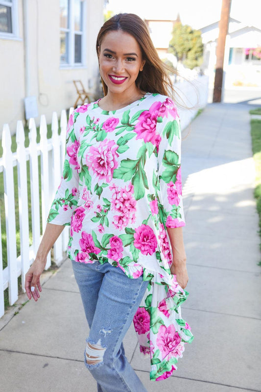 Be Bold Ivory Big Floral Hi-Lo Ruffle Hem Knit Top-Evelyns Fashion