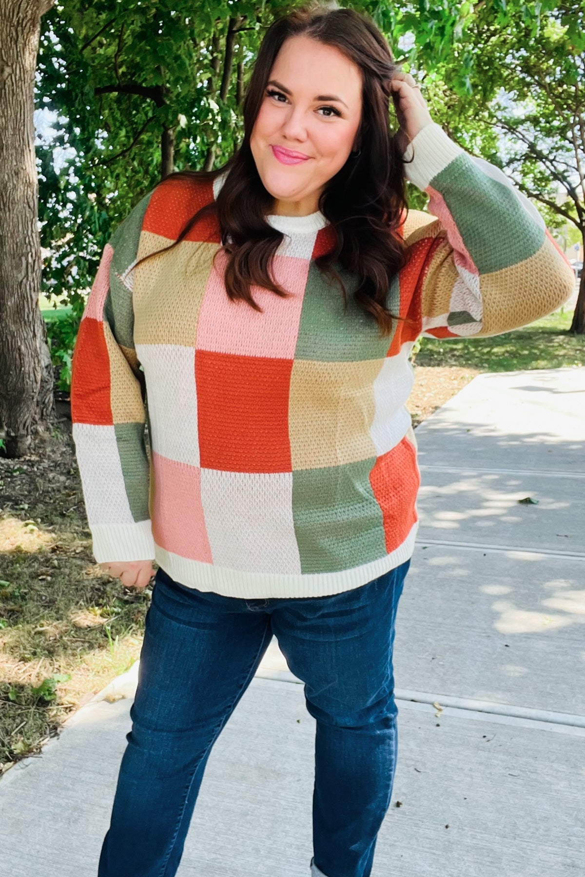 Be Bold Ivory & Rust Checker Jacquard Knit Sweater-Evelyns Fashion