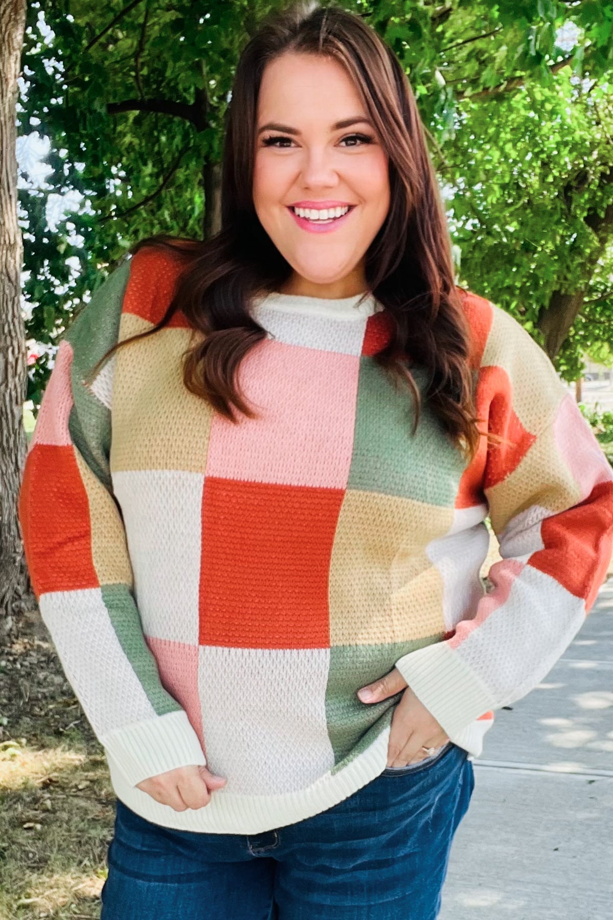 Be Bold Ivory & Rust Checker Jacquard Knit Sweater-Evelyns Fashion