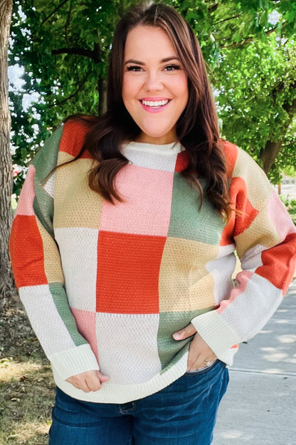 Be Bold Ivory & Rust Checker Jacquard Knit Sweater-Evelyns Fashion