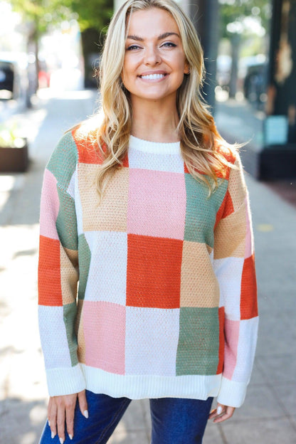 Be Bold Ivory & Rust Checker Jacquard Knit Sweater-Evelyns Fashion