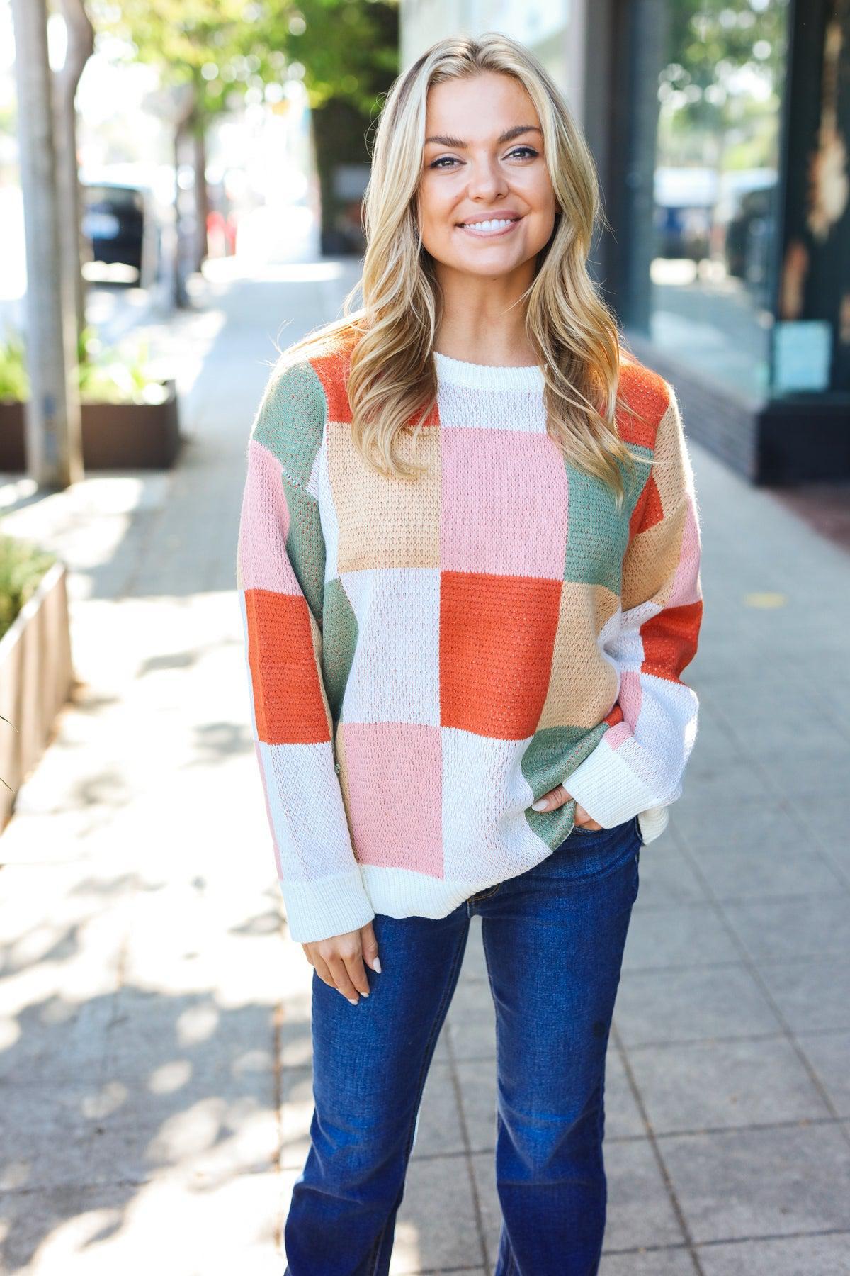 Be Bold Ivory & Rust Checker Jacquard Knit Sweater-Evelyns Fashion
