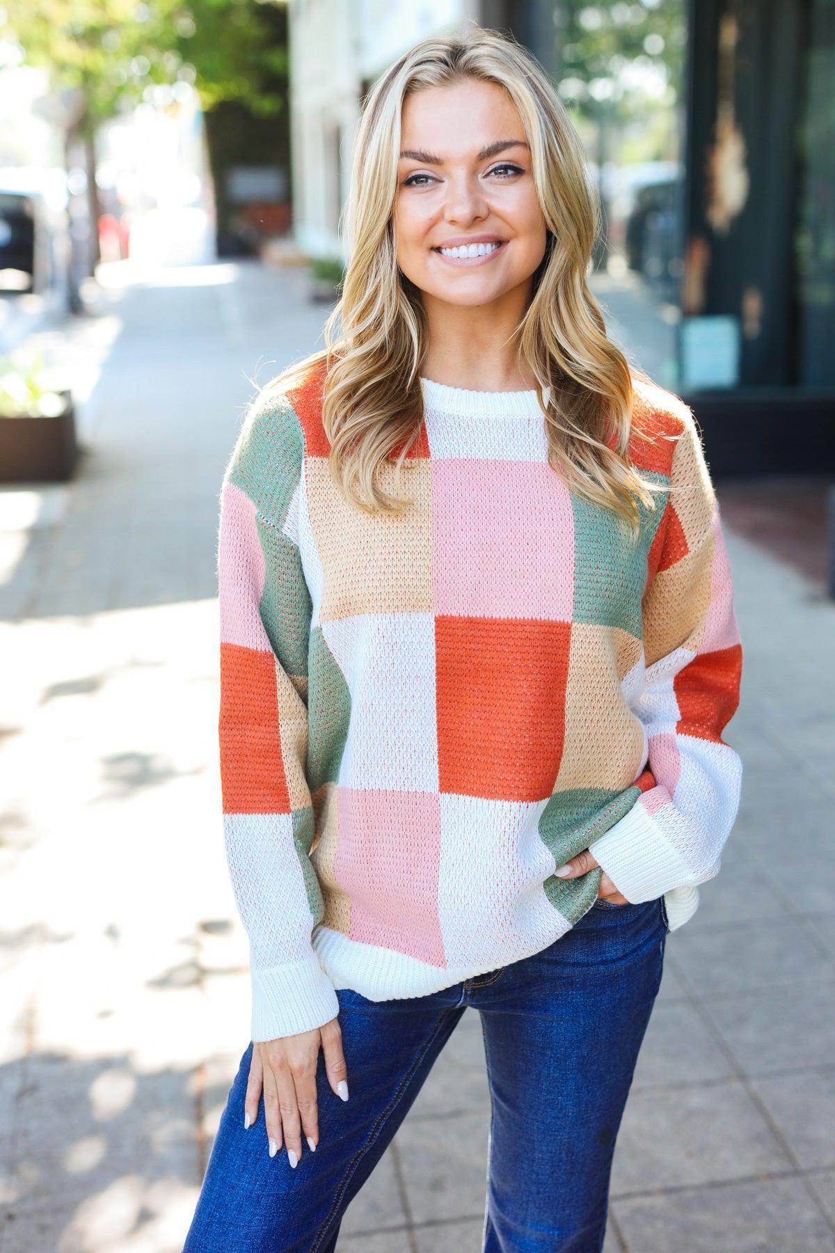 Be Bold Ivory & Rust Checker Jacquard Knit Sweater-Evelyns Fashion
