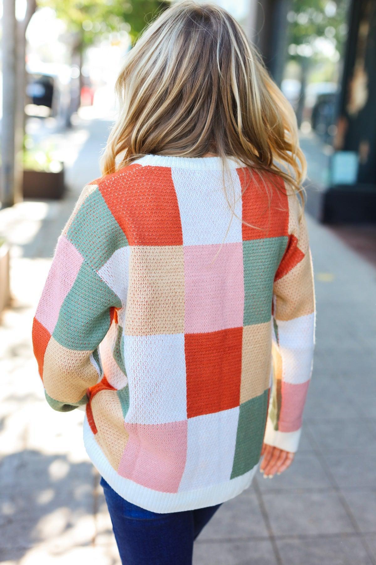 Be Bold Ivory & Rust Checker Jacquard Knit Sweater-Evelyns Fashion