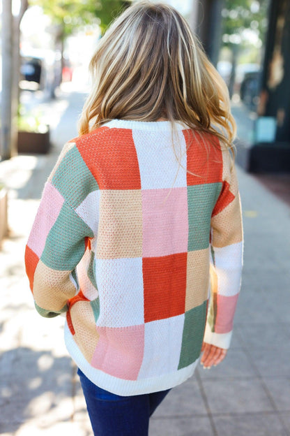 Be Bold Ivory & Rust Checker Jacquard Knit Sweater-Evelyns Fashion