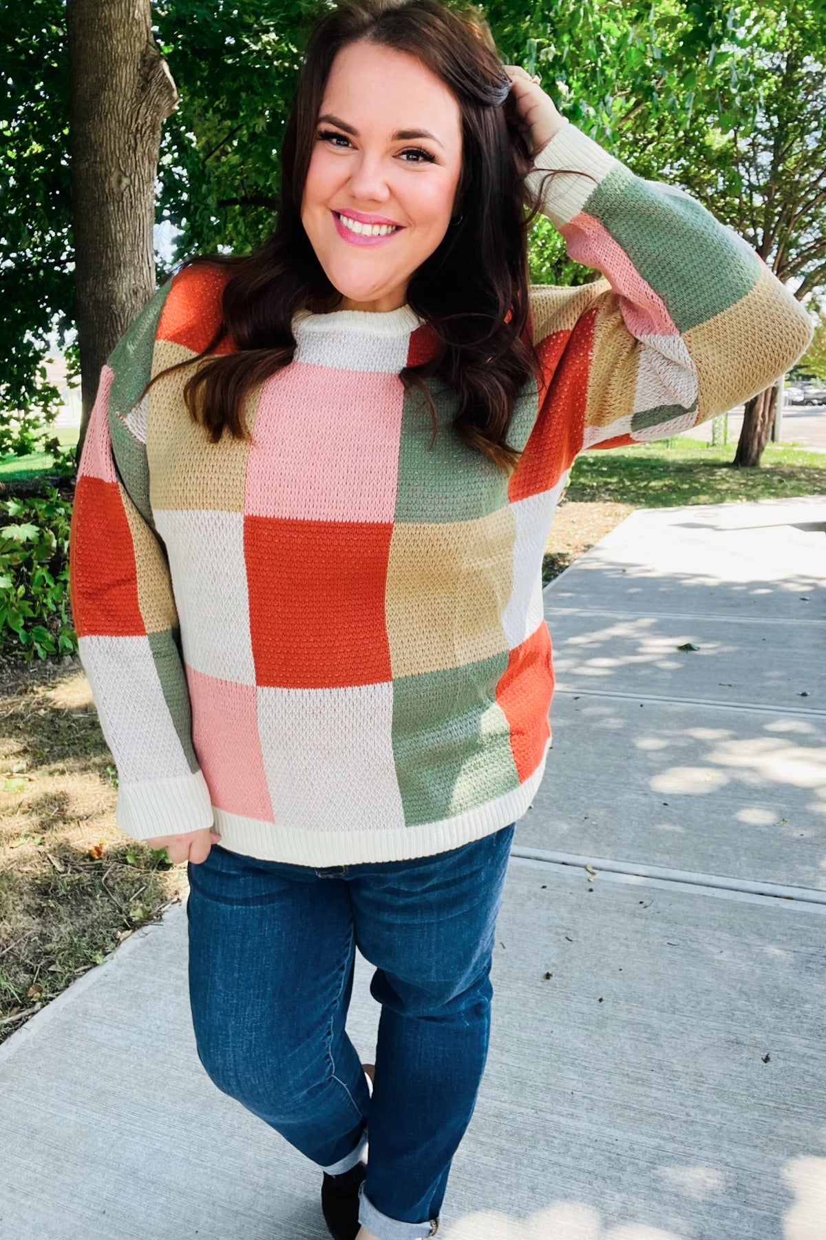 Be Bold Ivory & Rust Checker Jacquard Knit Sweater-Evelyns Fashion
