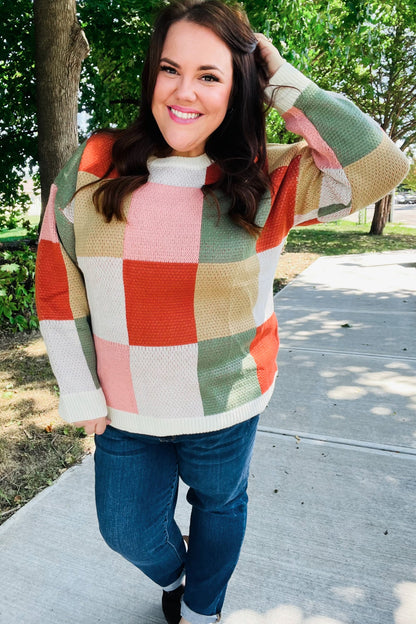 Be Bold Ivory & Rust Checker Jacquard Knit Sweater-Evelyns Fashion