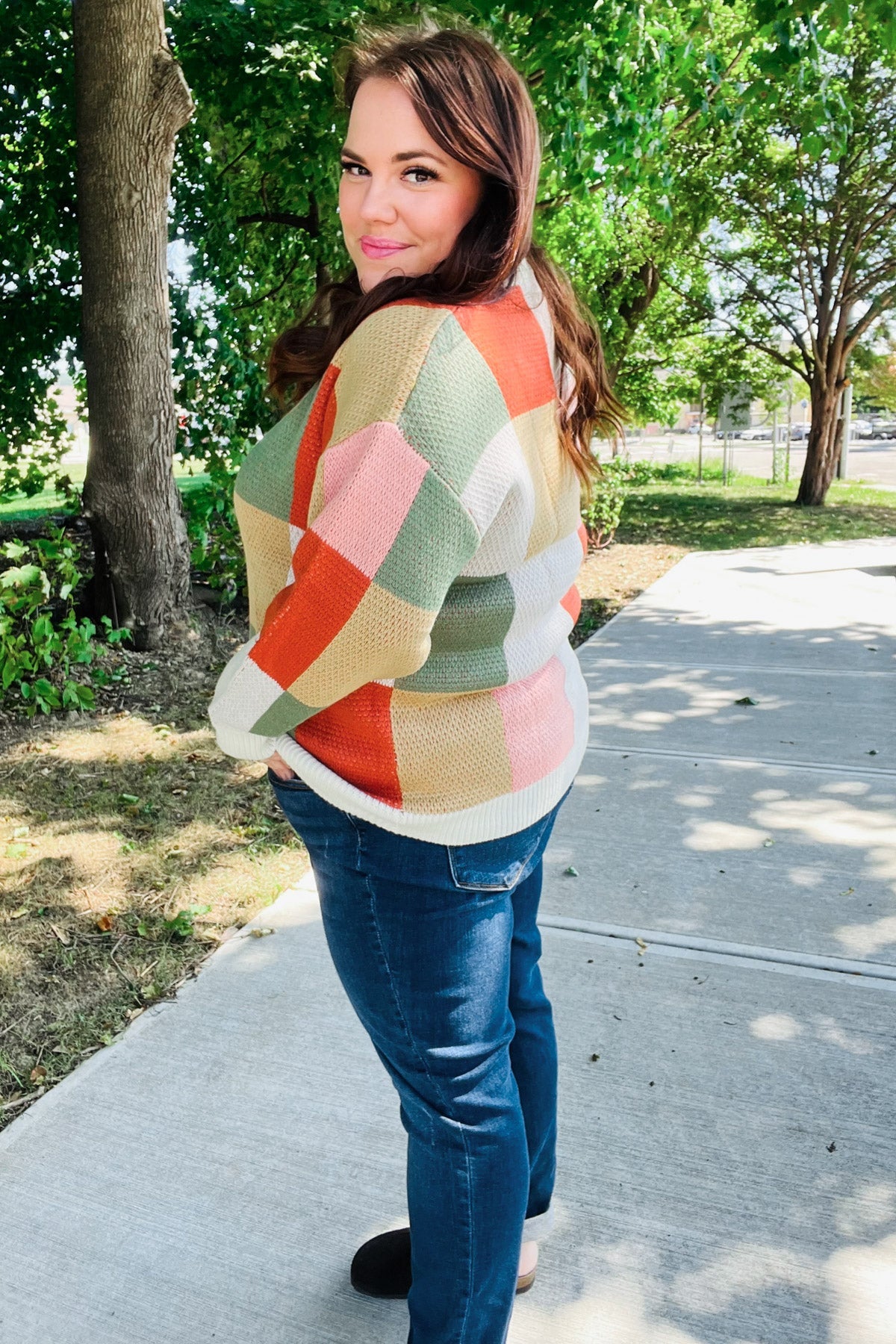 Be Bold Ivory & Rust Checker Jacquard Knit Sweater-Evelyns Fashion