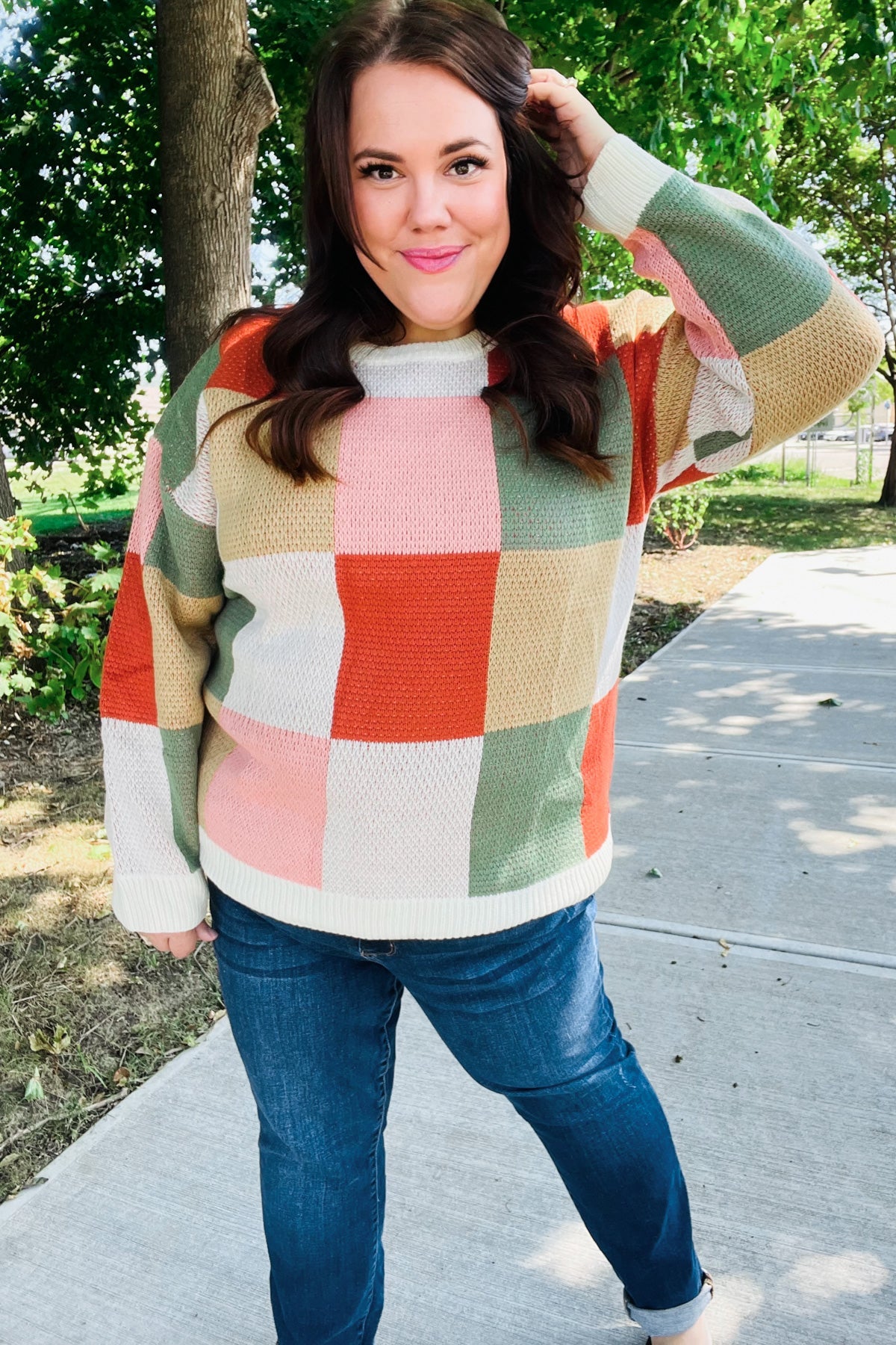 Be Bold Ivory & Rust Checker Jacquard Knit Sweater-Evelyns Fashion