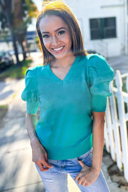 Be Bold Solid Emerald Shirred Puff Sleeve Sweater Top-Evelyns Fashion