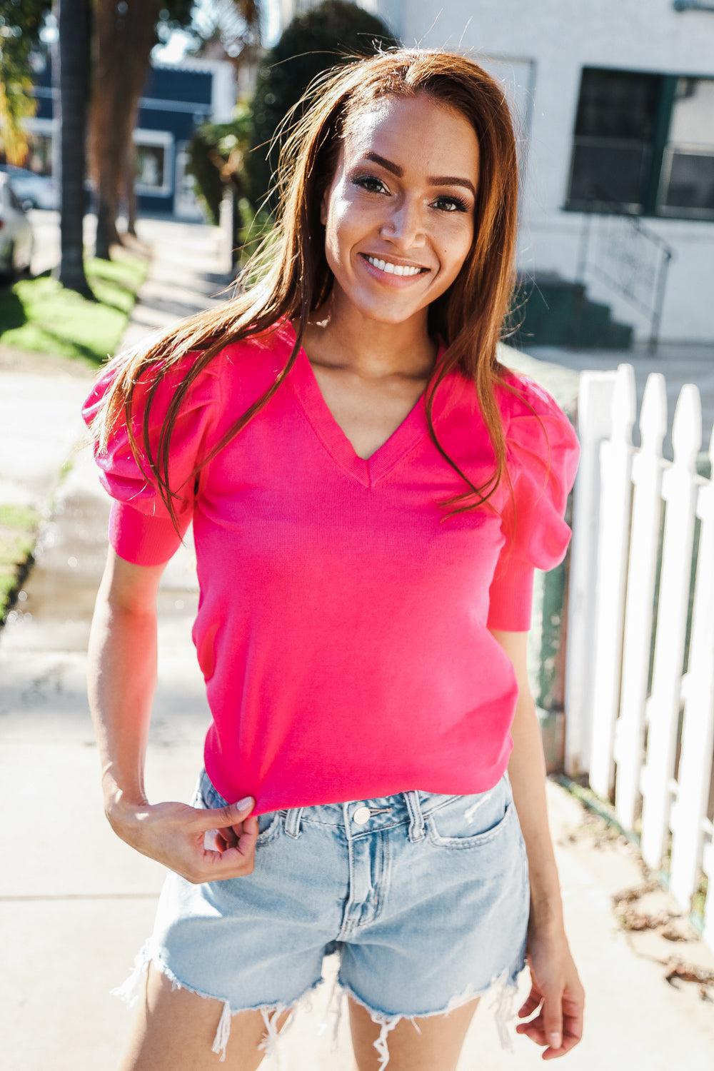 Be Bold Solid Fuchsia Shirred Puff Sleeve Sweater Top-Evelyns Fashion