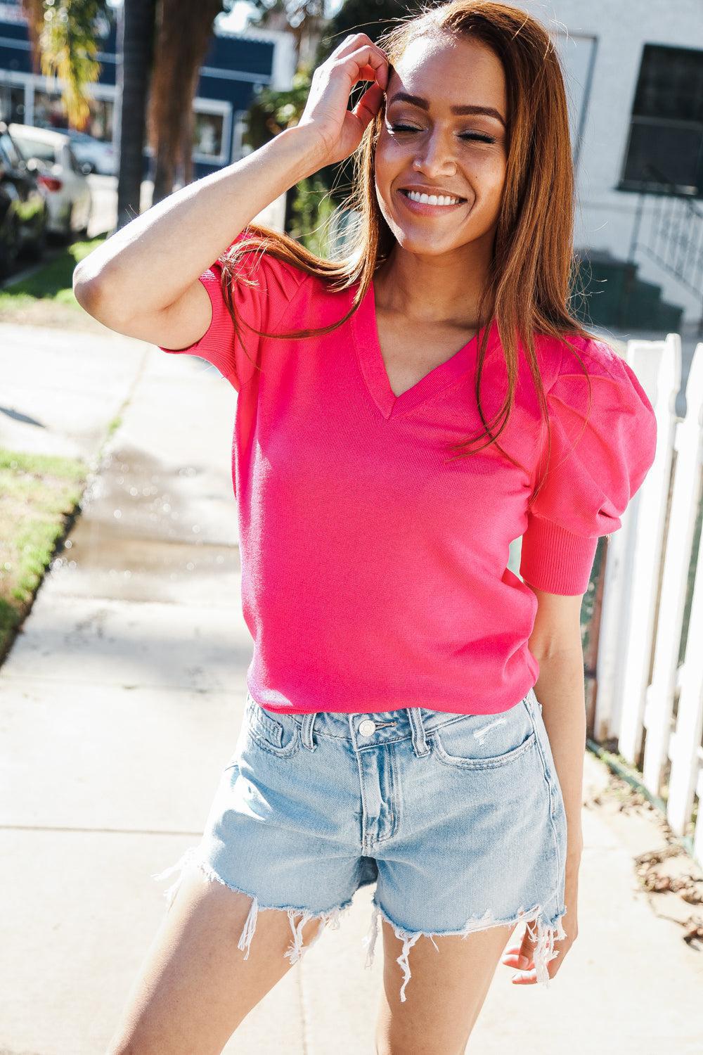 Be Bold Solid Fuchsia Shirred Puff Sleeve Sweater Top-Evelyns Fashion