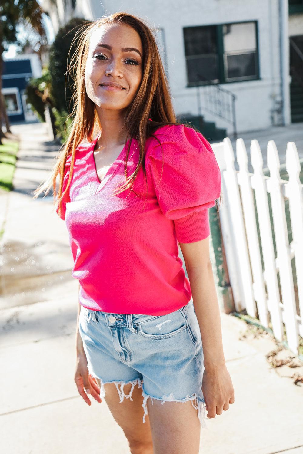 Be Bold Solid Fuchsia Shirred Puff Sleeve Sweater Top-Evelyns Fashion