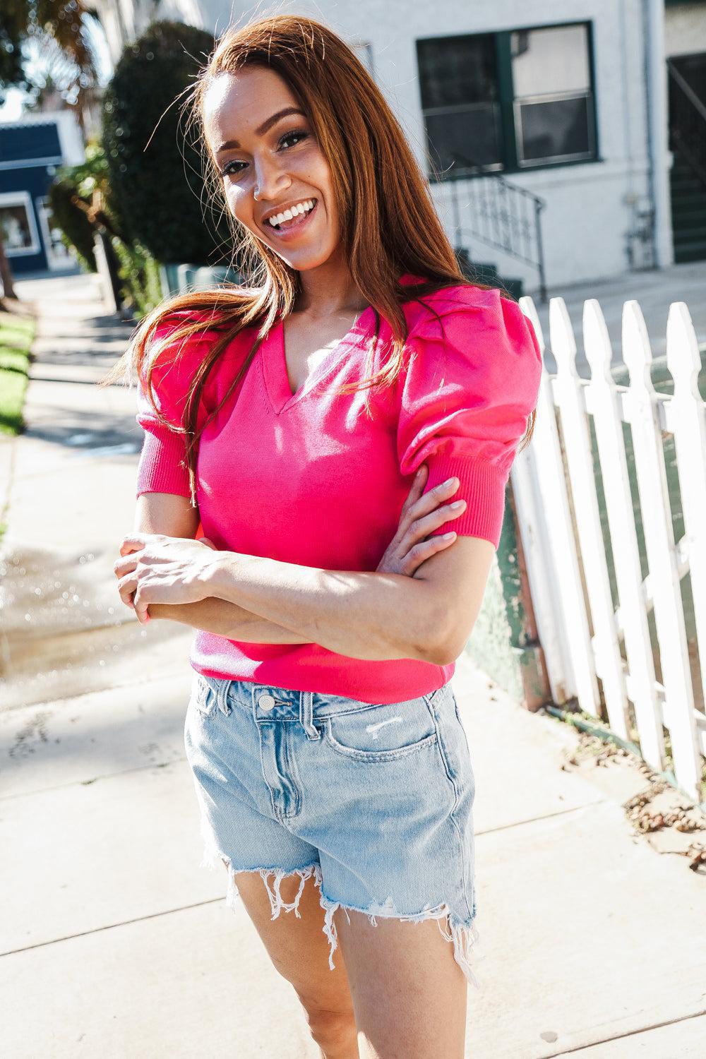 Be Bold Solid Fuchsia Shirred Puff Sleeve Sweater Top-Evelyns Fashion