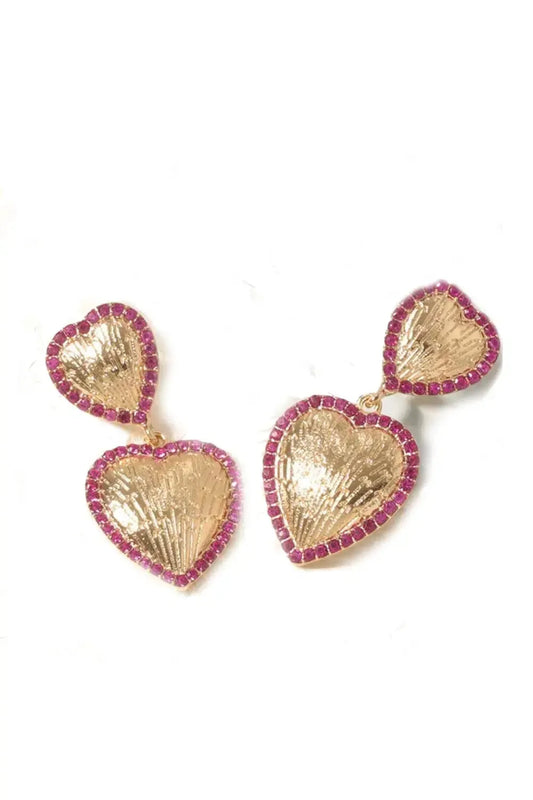 Be Mine Gold & Rhinestone Heart Dangle Earrings-Evelyns Fashion