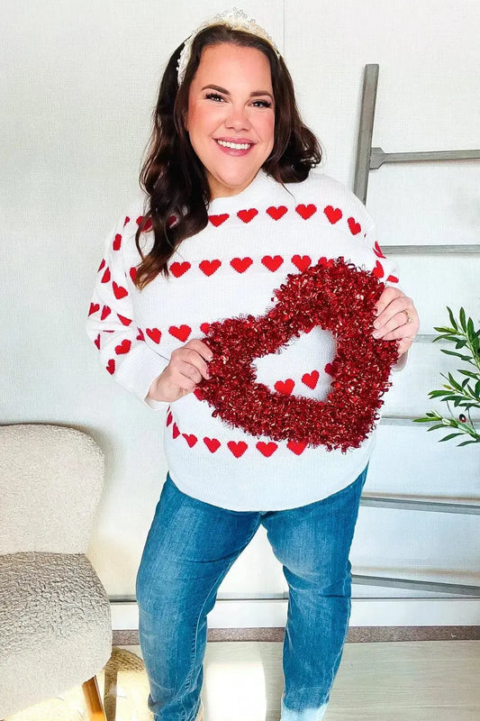 Be Mine White Jacquard Heart Stripe Pullover Sweater-Evelyns Fashion