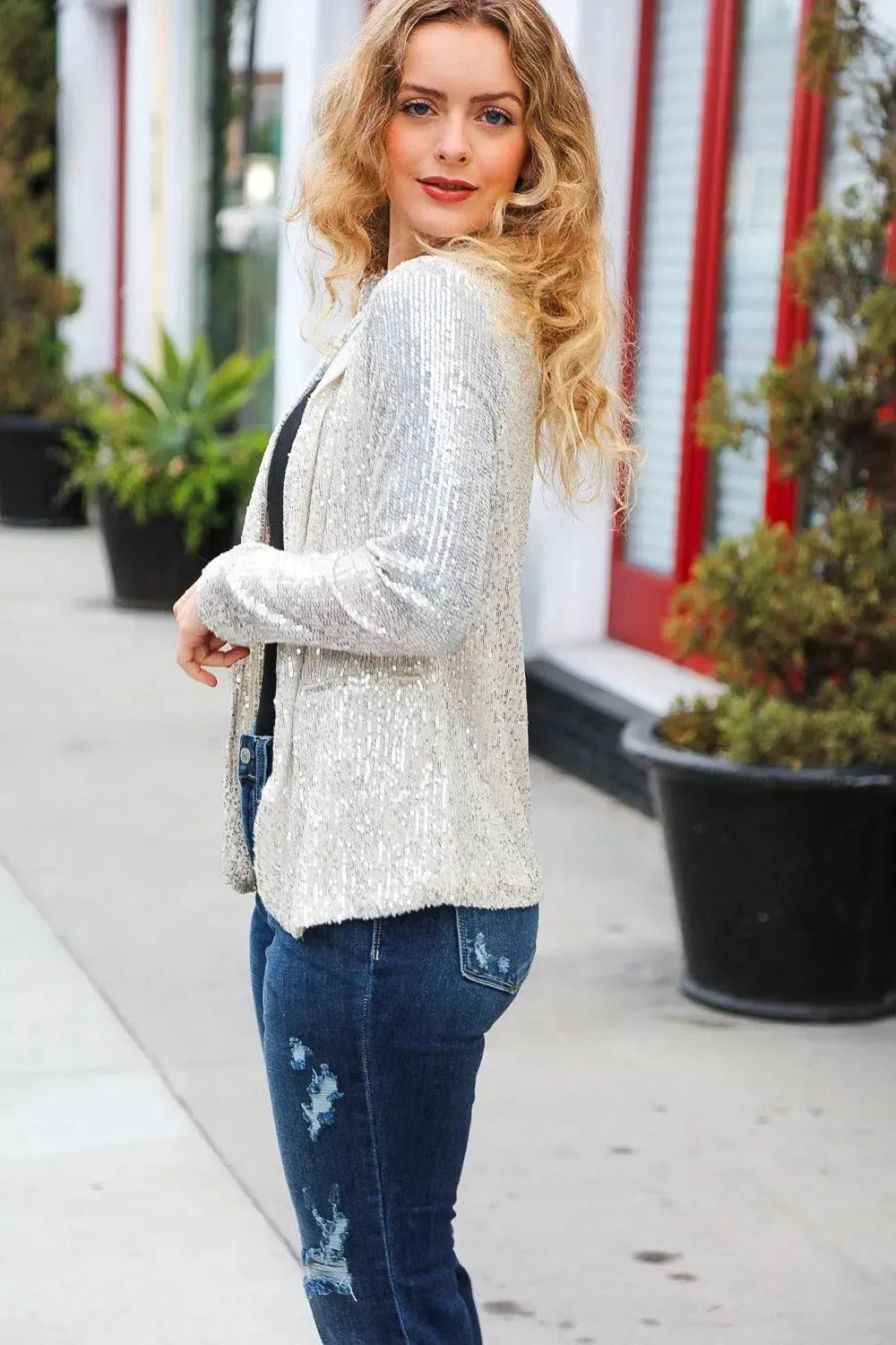 Be Your Own Star Silver Sequin Open Blazer-Evelyns Fashion