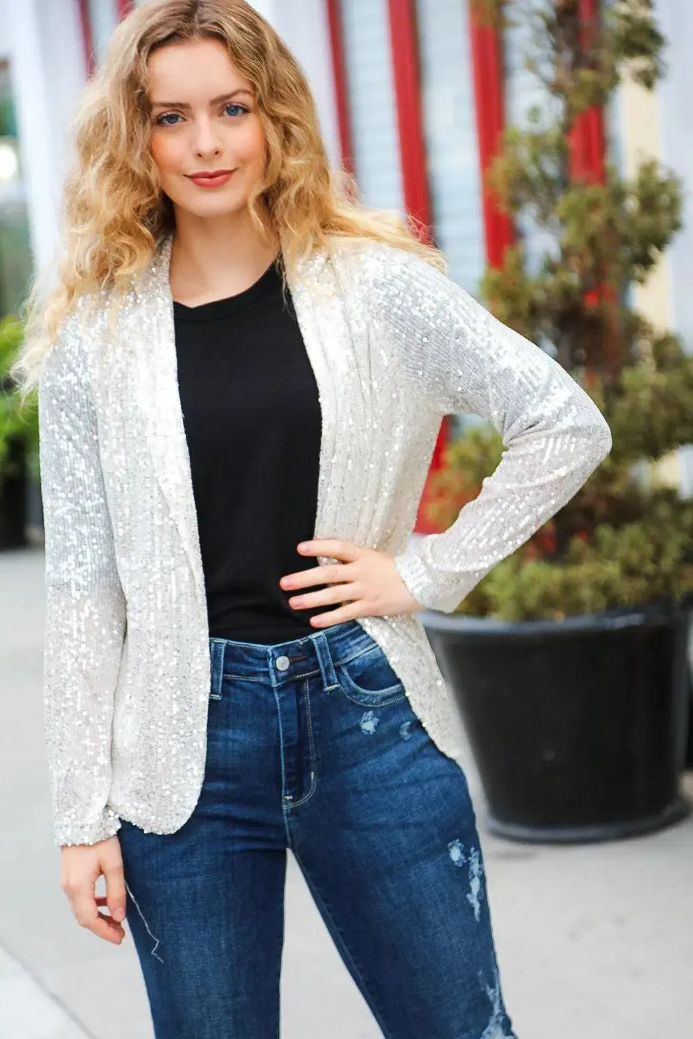 Be Your Own Star Silver Sequin Open Blazer-Evelyns Fashion