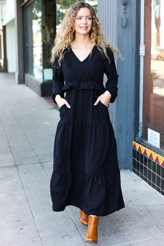 Beautiful You Black Pintuck Detail Frill V Neck Maxi Dress-Evelyns Fashion
