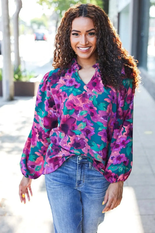 Beautiful You Hunter Green Watercolor Floral Print Notch Neck Top-Evelyns Fashion