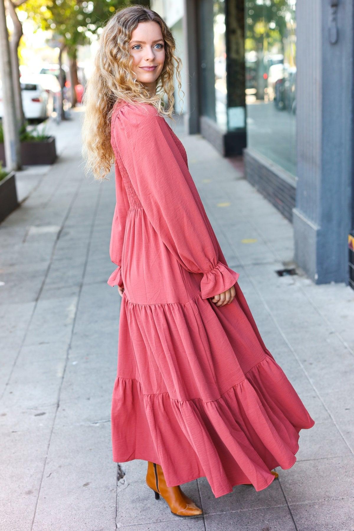 Beautiful You Lock Eyes Marsala Smocked Ruffle Sleeve Maxi Dress-Evelyns Fashion